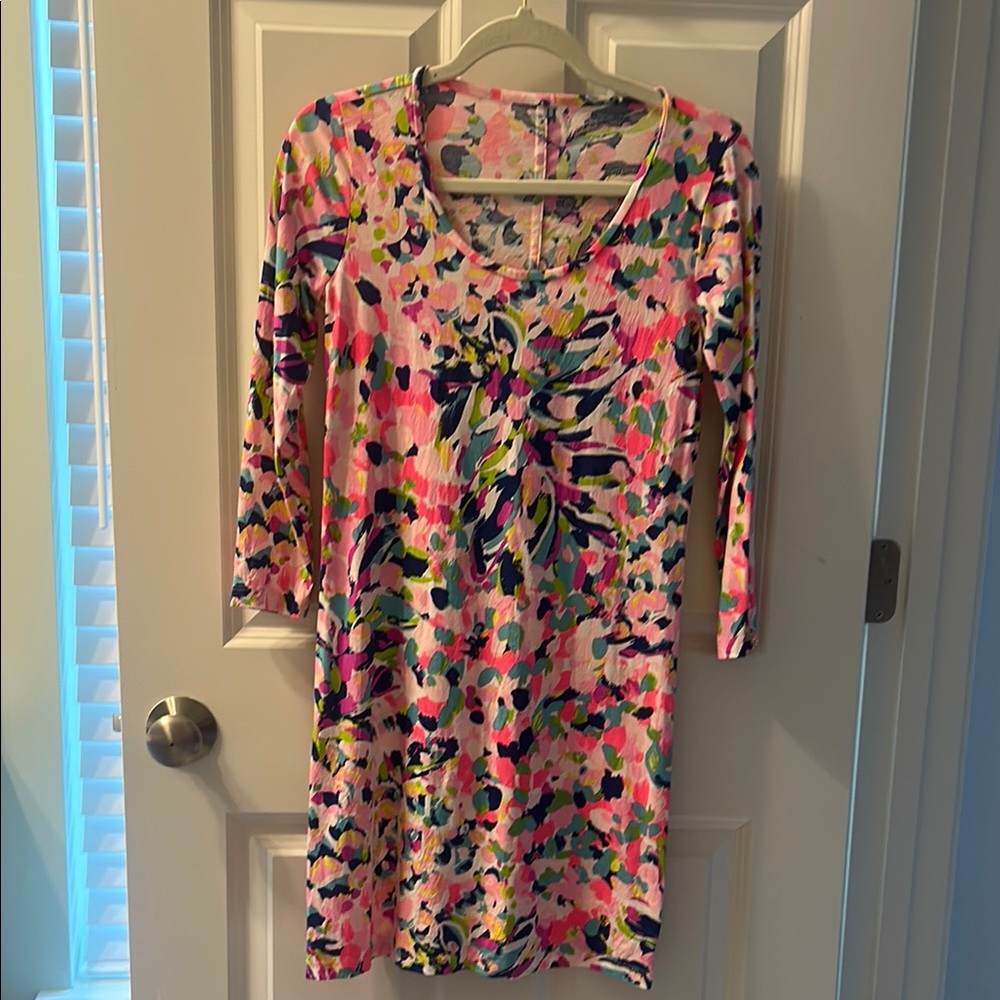 Lilly Pulitzer Multi Color Pink Dress V-neck 3/4 Sleeve